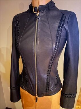 Roberto Cavalli Women's Black Leather Biker Jacket with Braided Trim Size 42